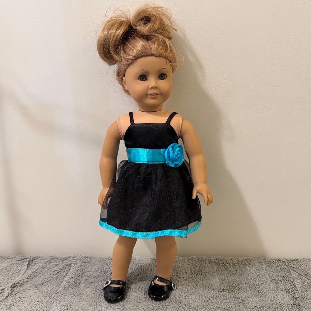 American Girl Black Dress with Teal Satin Trim and Flower